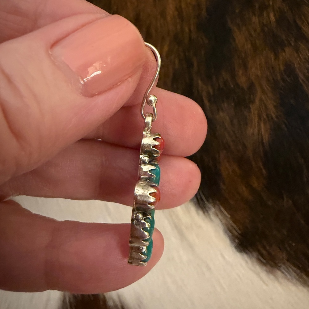 ❤️Kingman Turquoise Italian Coral Prickly Pear Cactus 925 Dangle Earrings 1.70”L - Picture 6 of 14